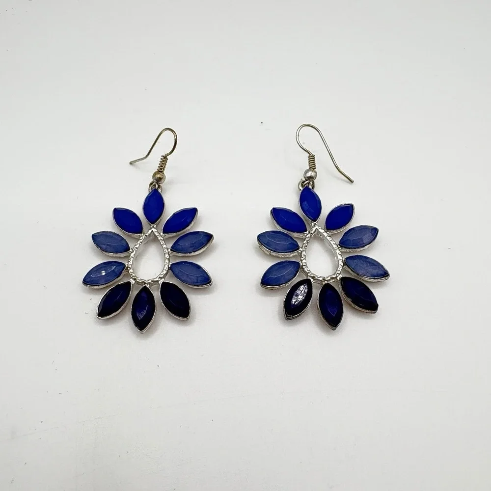 Boho‎ Dangle Earrings Blue Marquise Stones Silver Tone Teardrop Flower Design